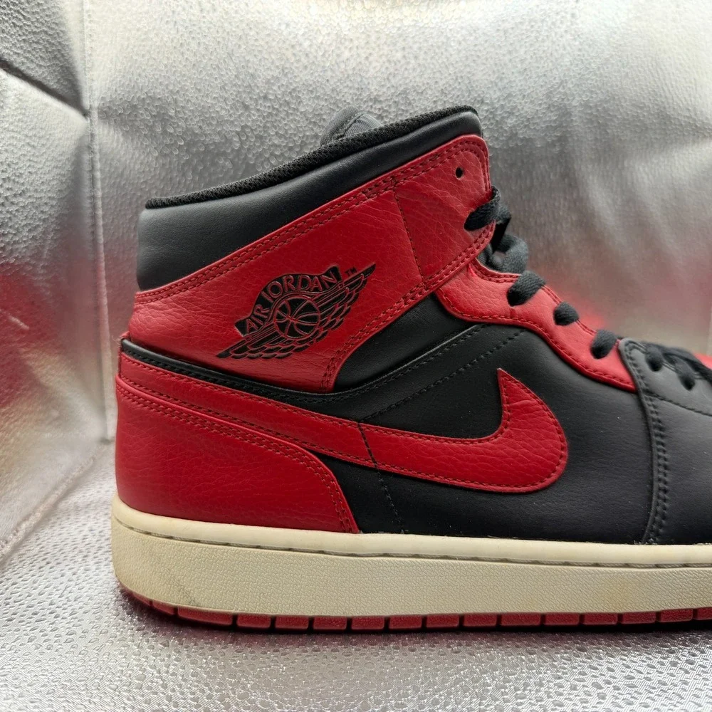 Size 13 Air Jordan 1 Mid Banned Black University Red Mens Sneakers 554724-074